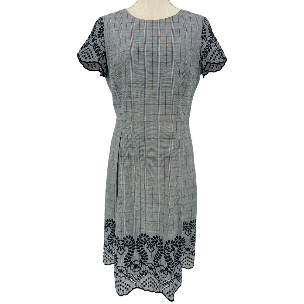 Brooks Brothers‎ A-Line Dress Womens 8 Gray Navy Glen Plaid Eyelet Floral
